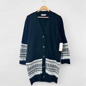 New JustFab Black & White Cardigan in Small White Patterned Women's Sweater